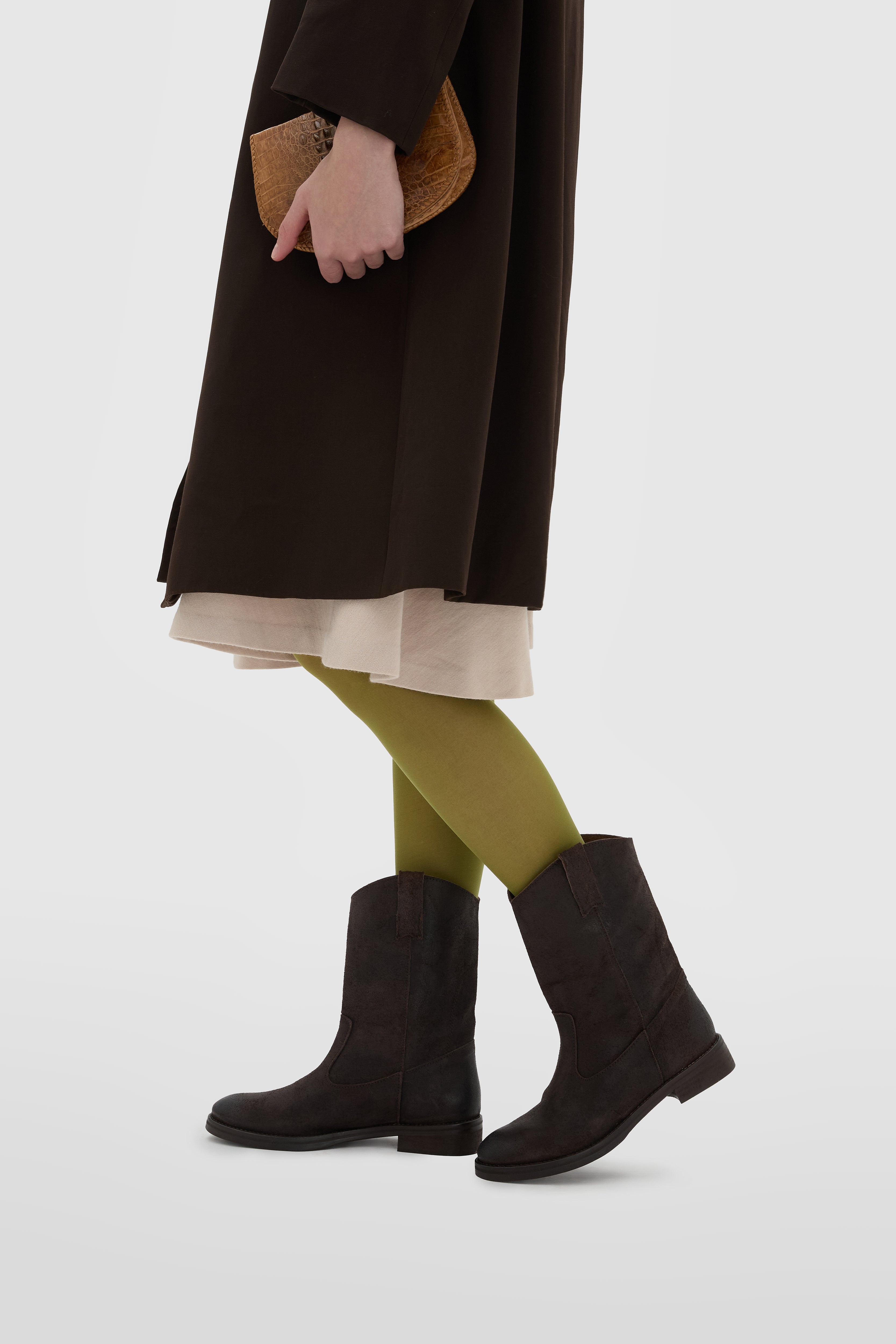 Dark brown split leather ankle boot with drawstrings and tube leg