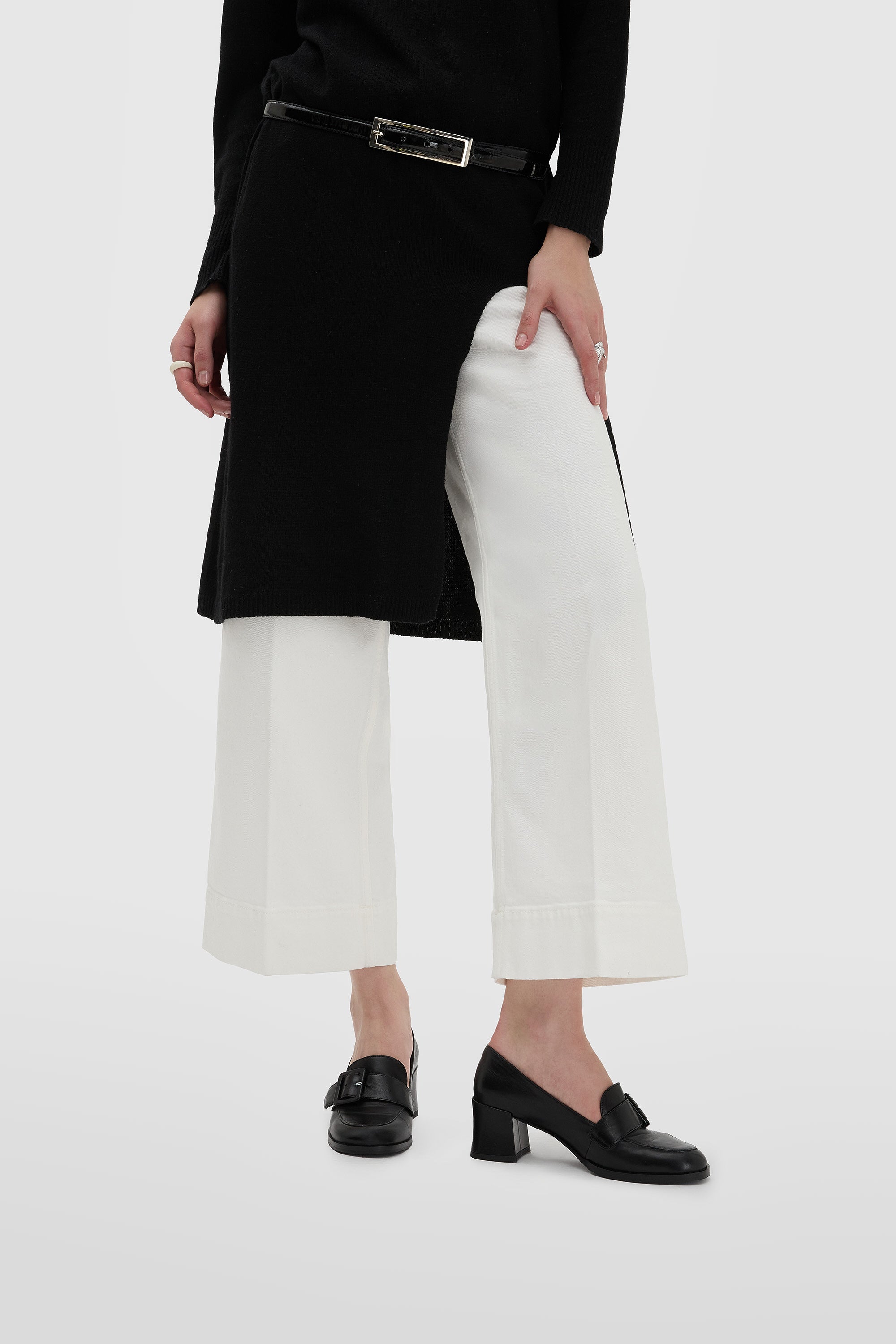 Black calfskin loafer with strap and 50mm block heel