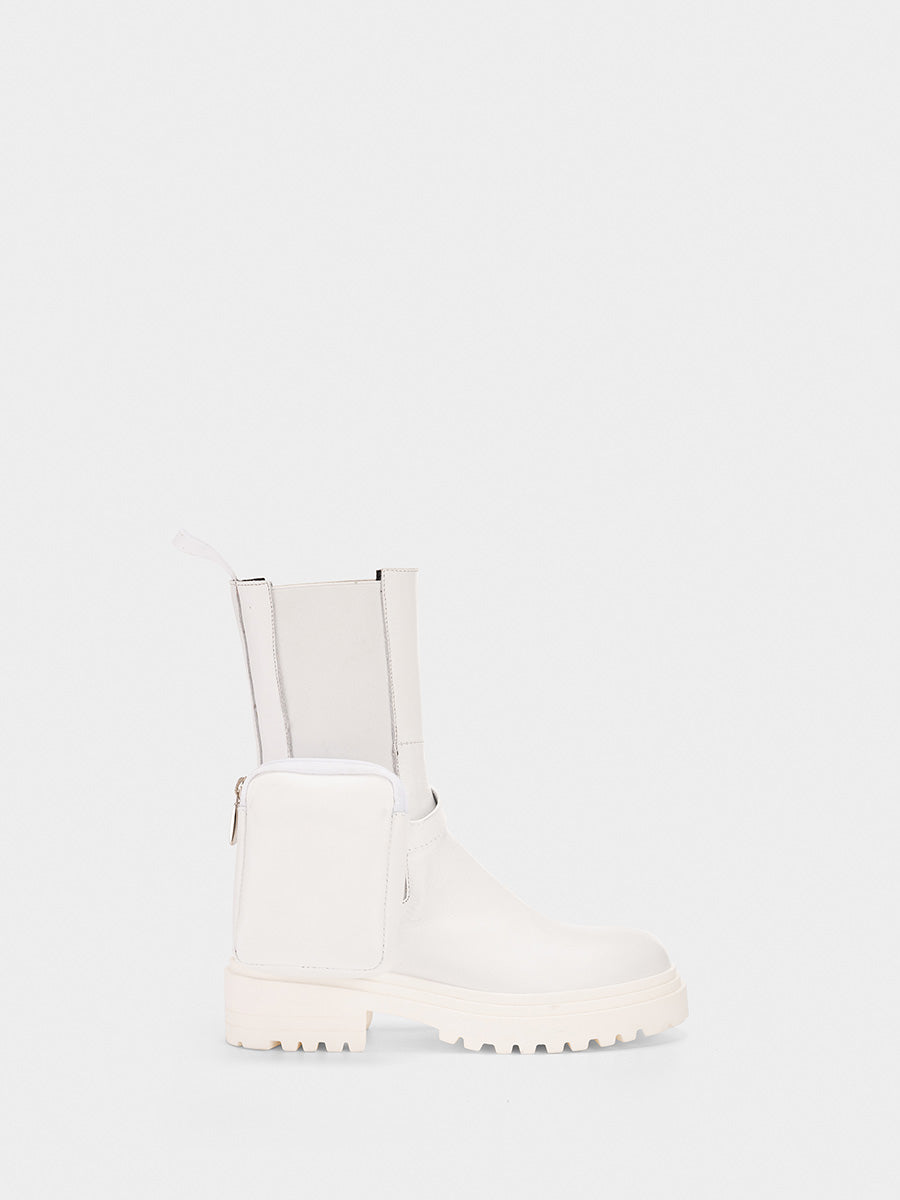 White leather ankle boot with small bag