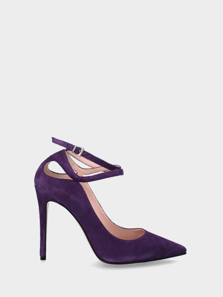 Décolleté viola in pelle con cinturino incrociato alla caviglia