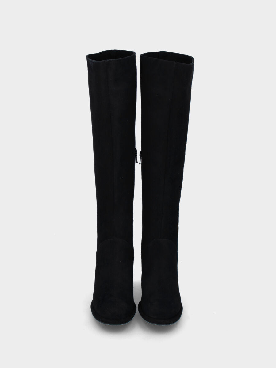 Schwarzer Lederstiefel mit Plateau und breitem, gefüttertem Absatz