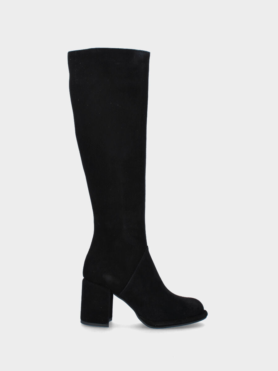 Schwarzer Lederstiefel mit Plateau und breitem, gefüttertem Absatz