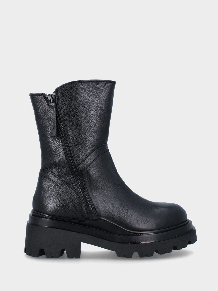 Schwarzer Leder-Stiefelette mit doppeltem Reißverschluss