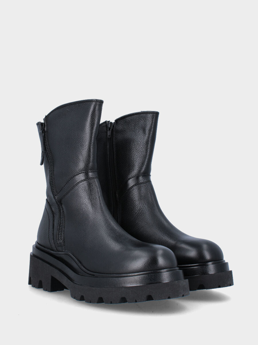 Schwarzer Leder-Stiefelette mit doppeltem Reißverschluss