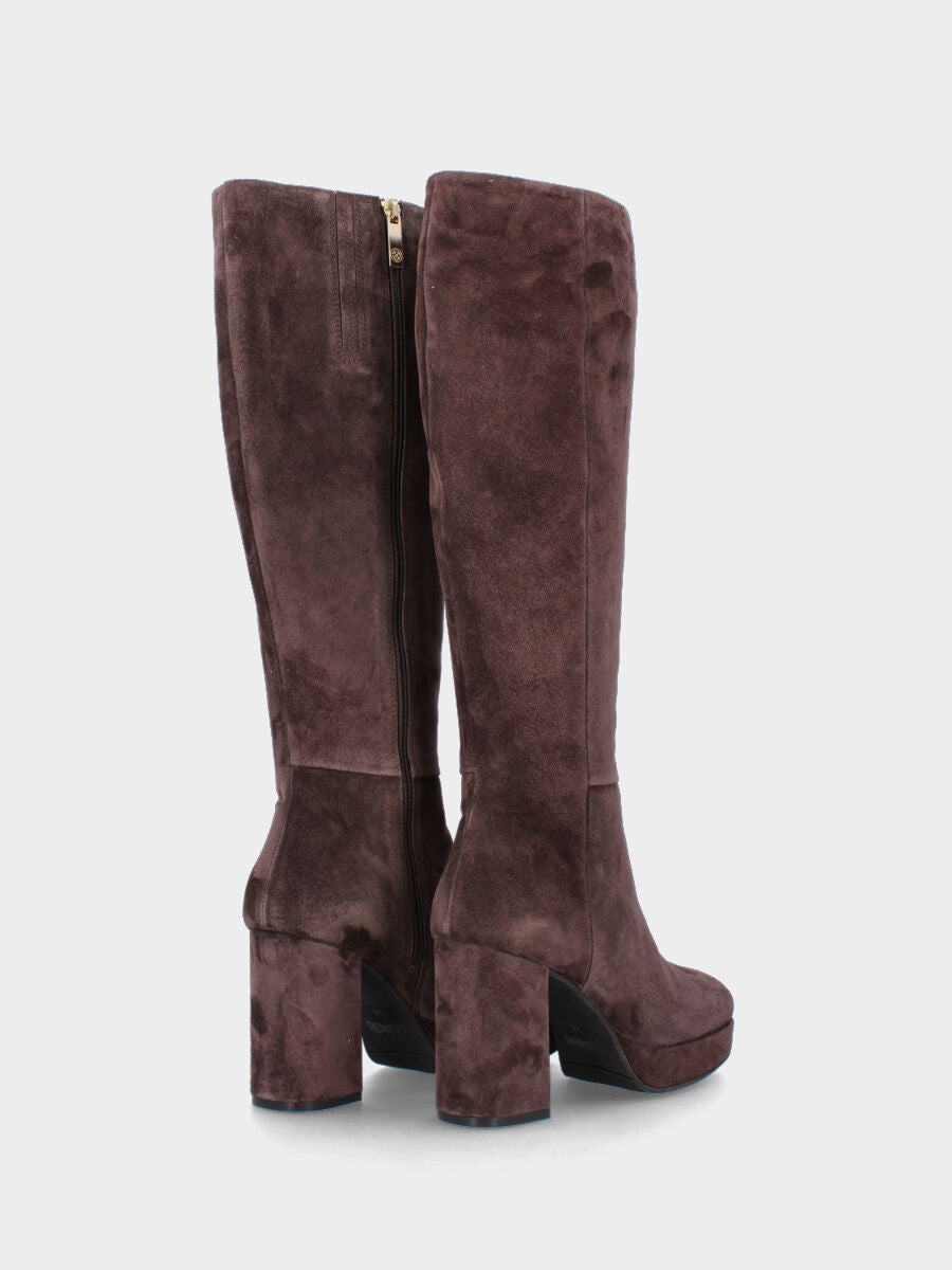 Brauner Lederstiefel mit Plateau und breitem Absatz