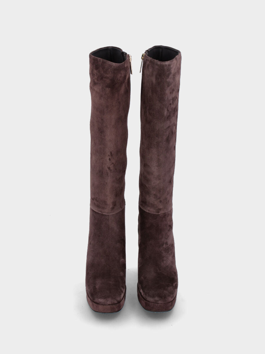 Brauner Lederstiefel mit Plateau und breitem Absatz