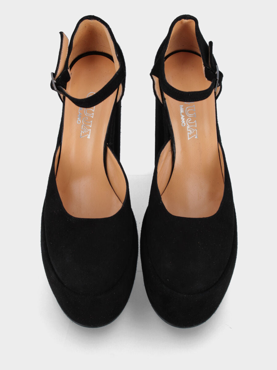 Décolleté nera in pelle aperta ai lati con maxi plateau