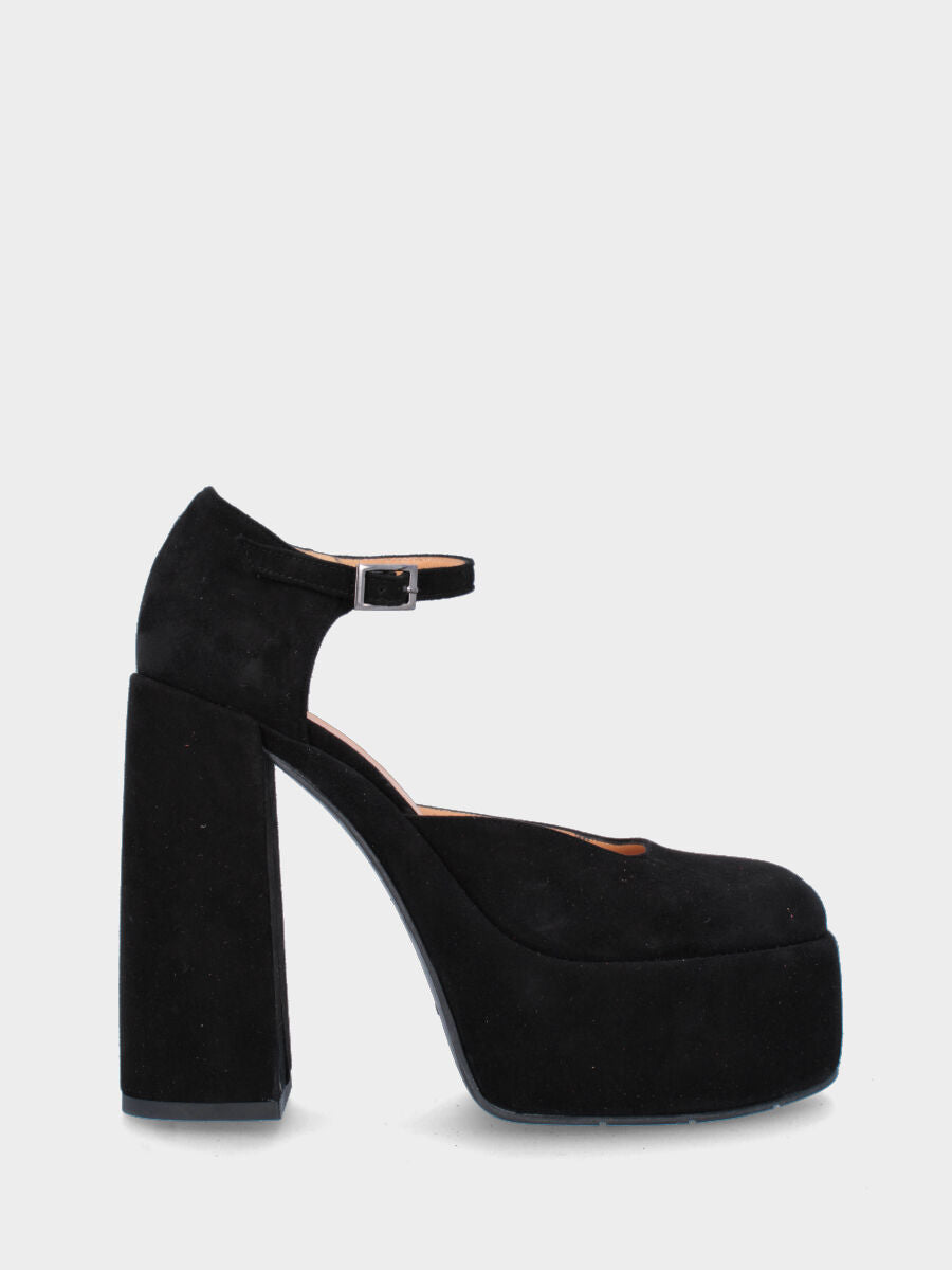 Décolleté nera in pelle aperta ai lati con maxi plateau