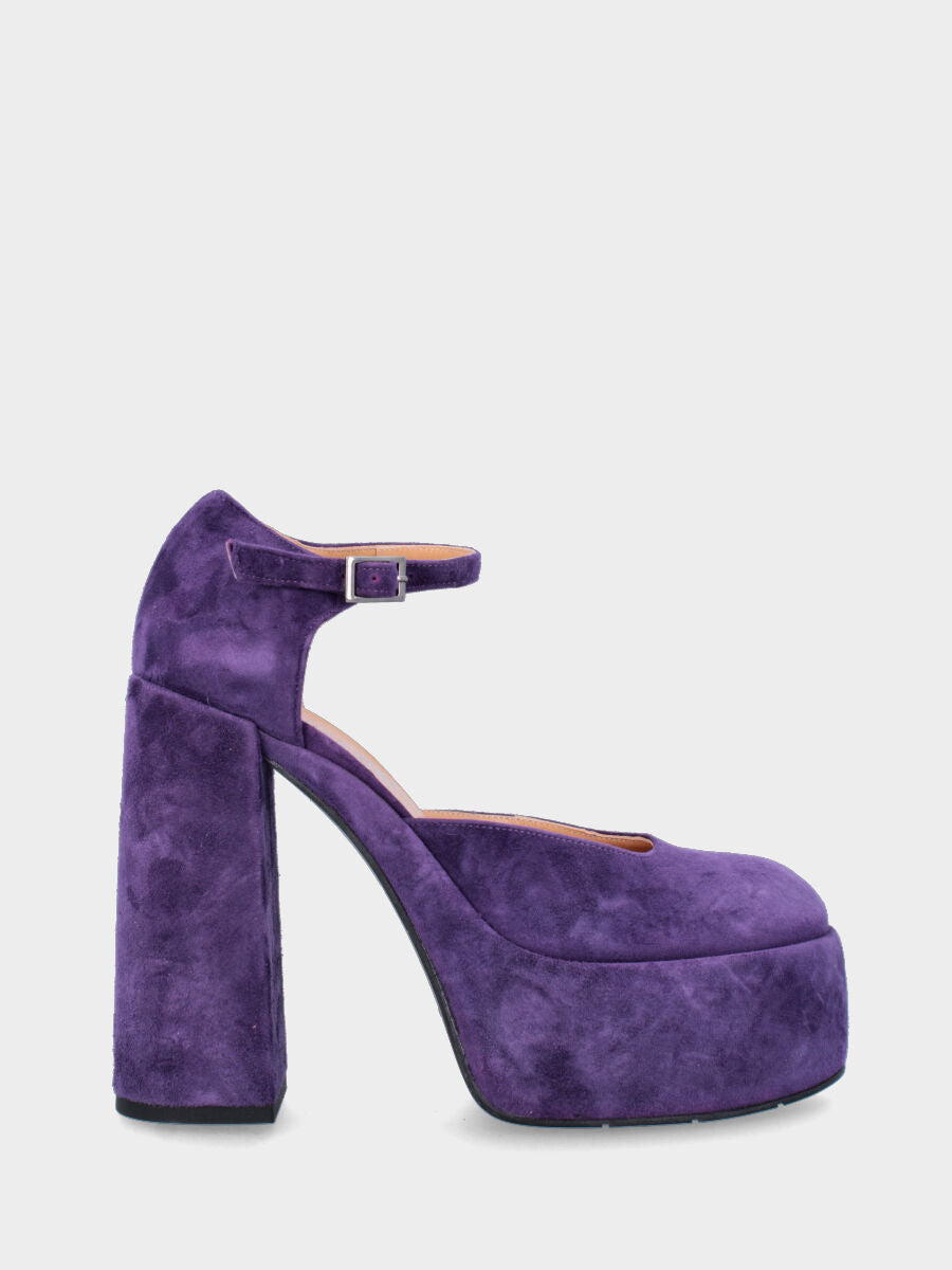 Décolleté viola in pelle aperta ai lati con maxi plateau