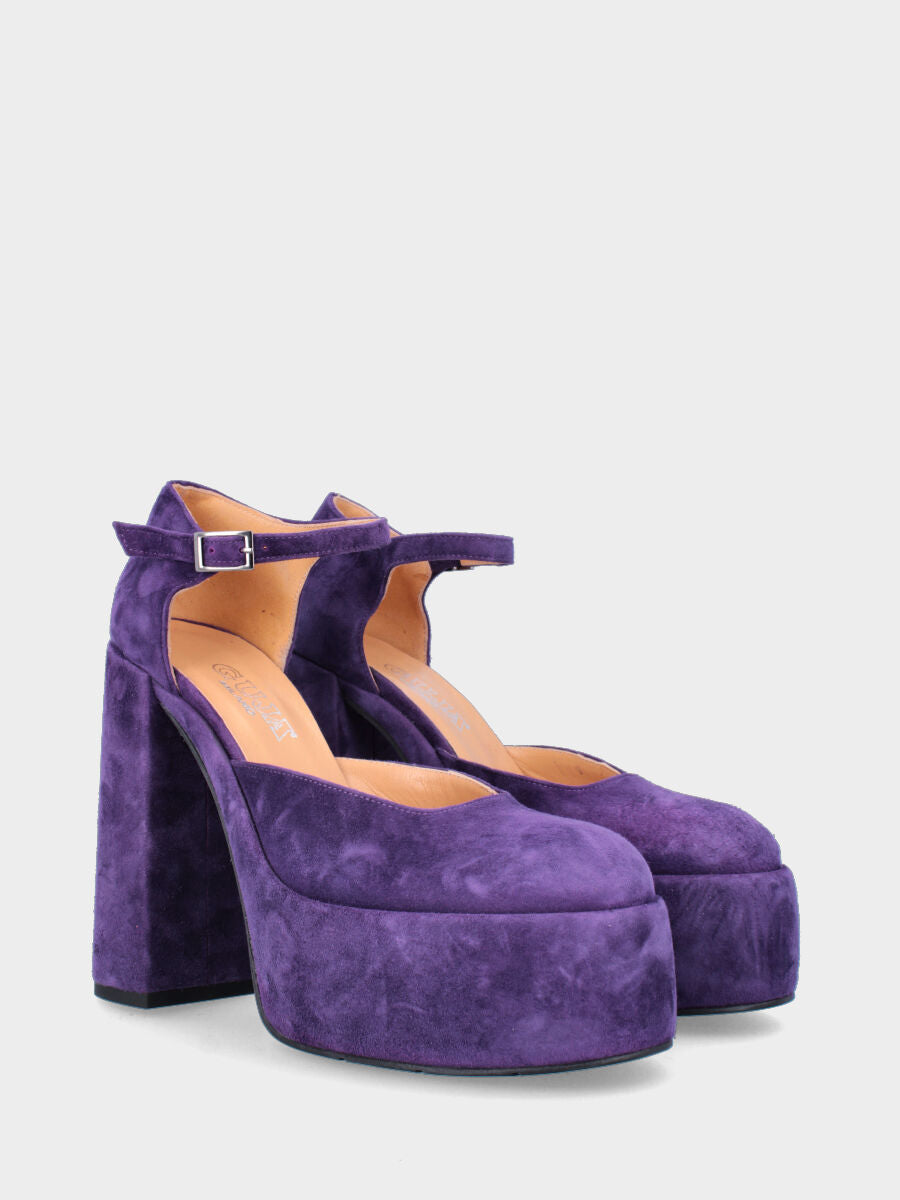 Décolleté viola in pelle aperta ai lati con maxi plateau