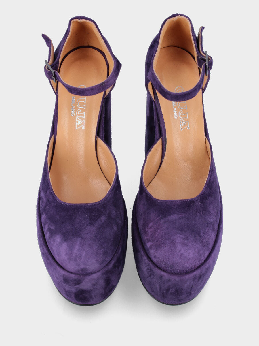 Décolleté viola in pelle aperta ai lati con maxi plateau