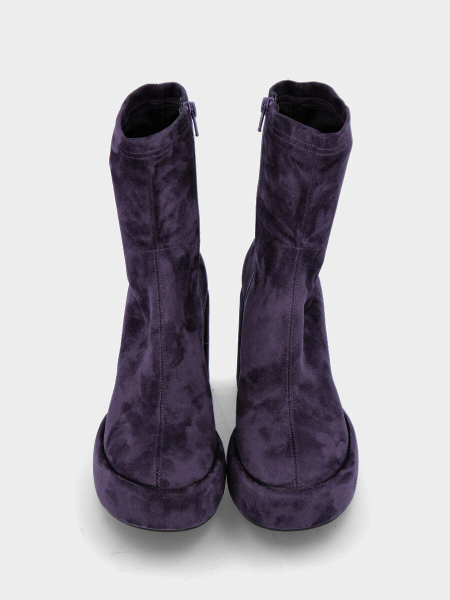 Stivaletto viola in tessuto con maxi plateau e tacco foderati