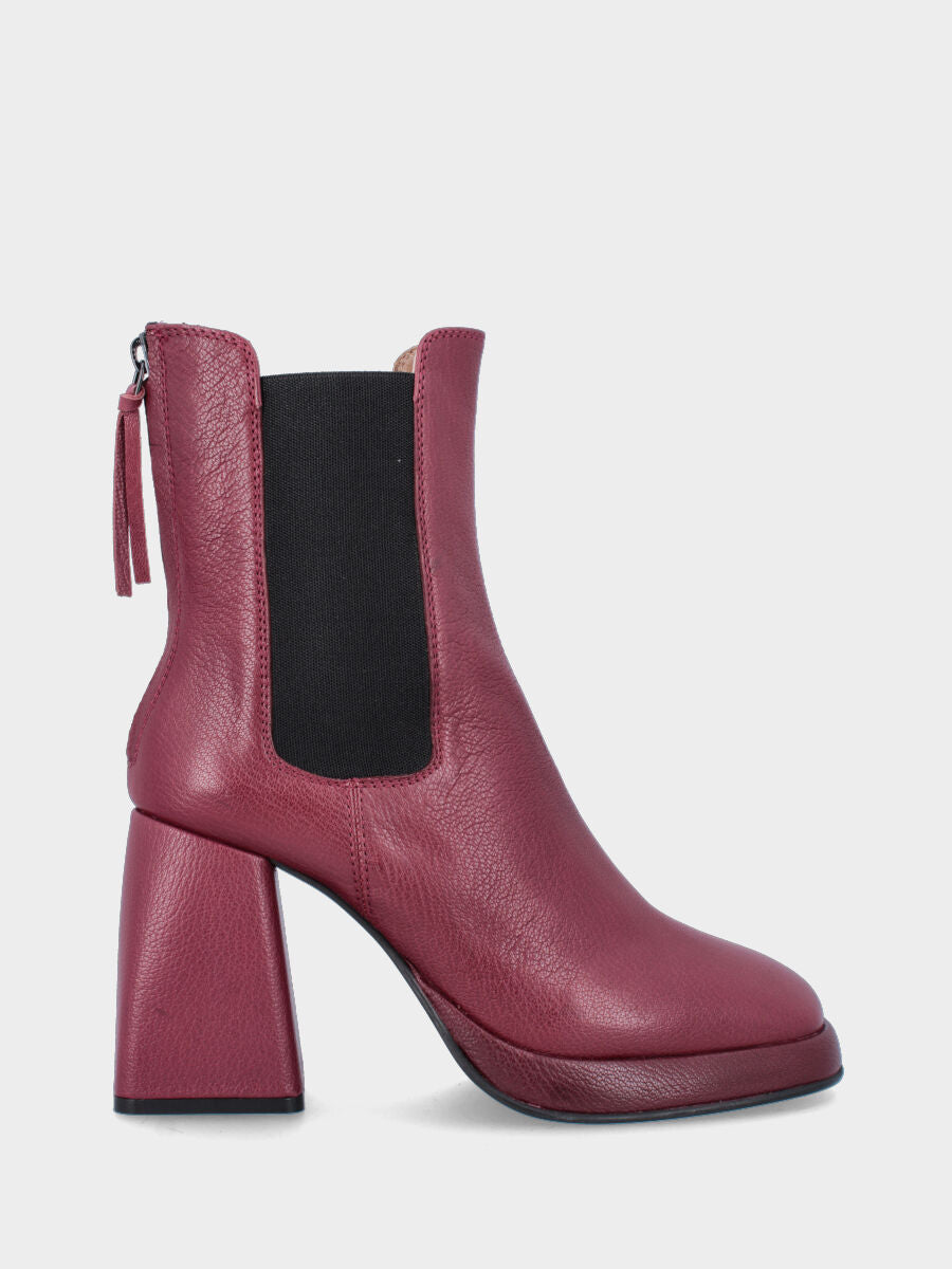 Roter Leder-Stiefelette mit Reißverschluss hinten und Plateau