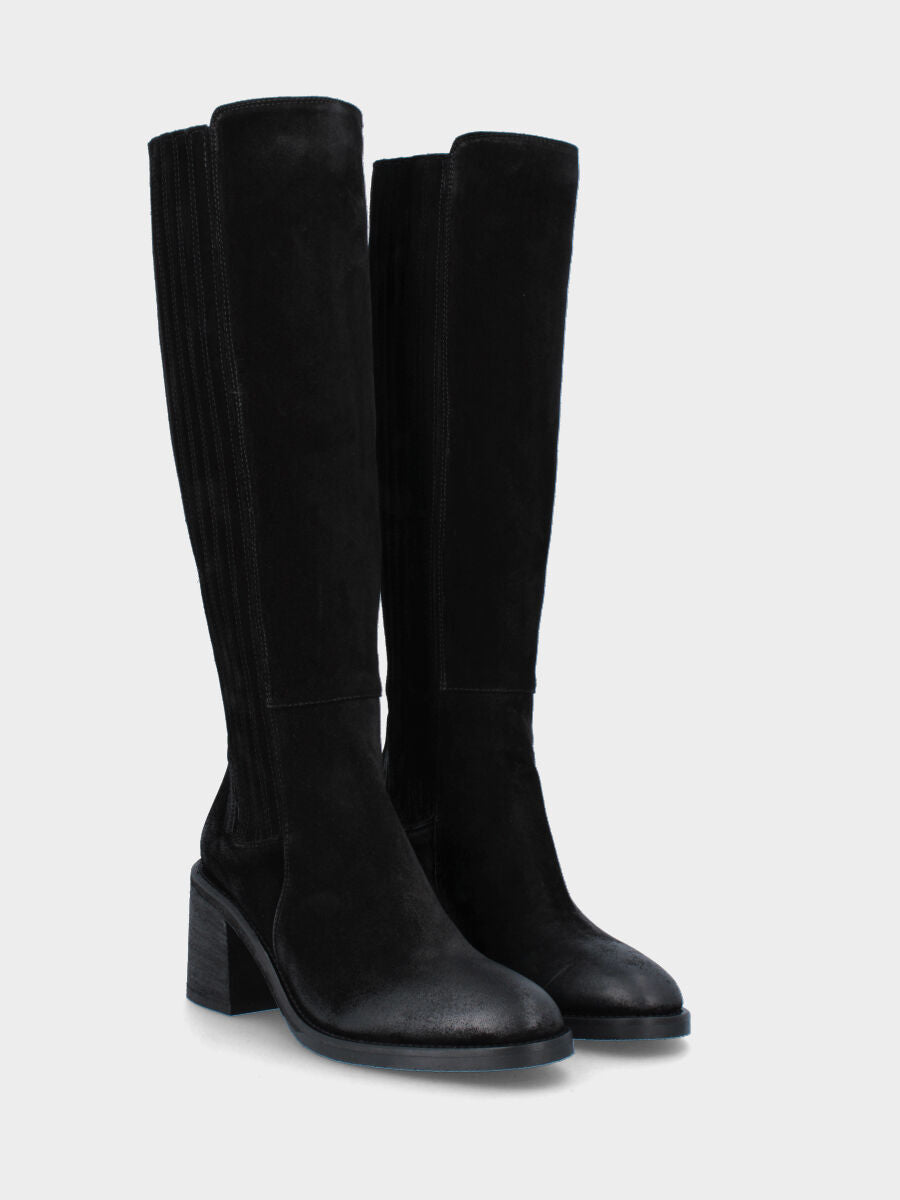Black leather boot with covered elasticated bands