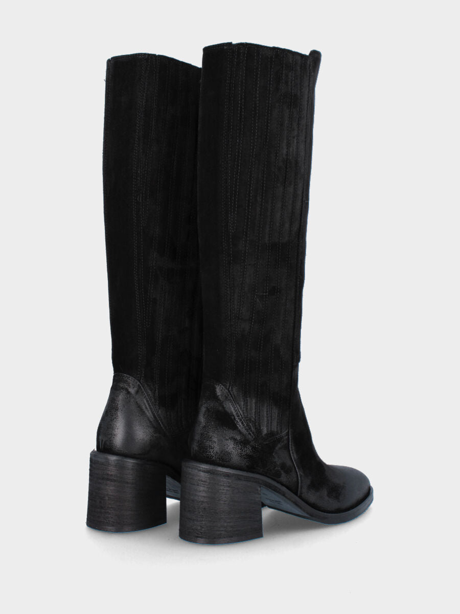 Black leather boot with covered elasticated bands