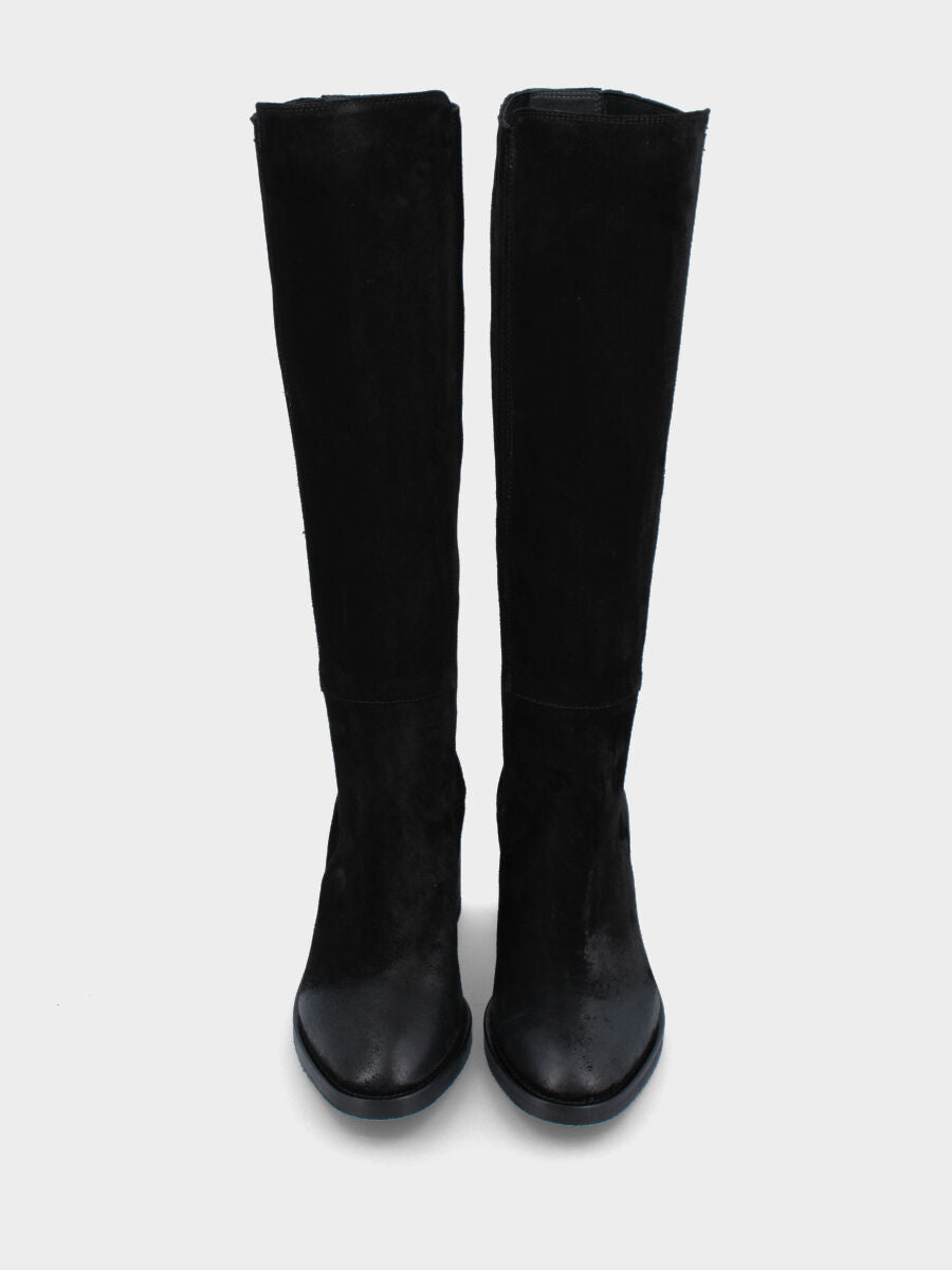 Black leather boot with covered elasticated bands