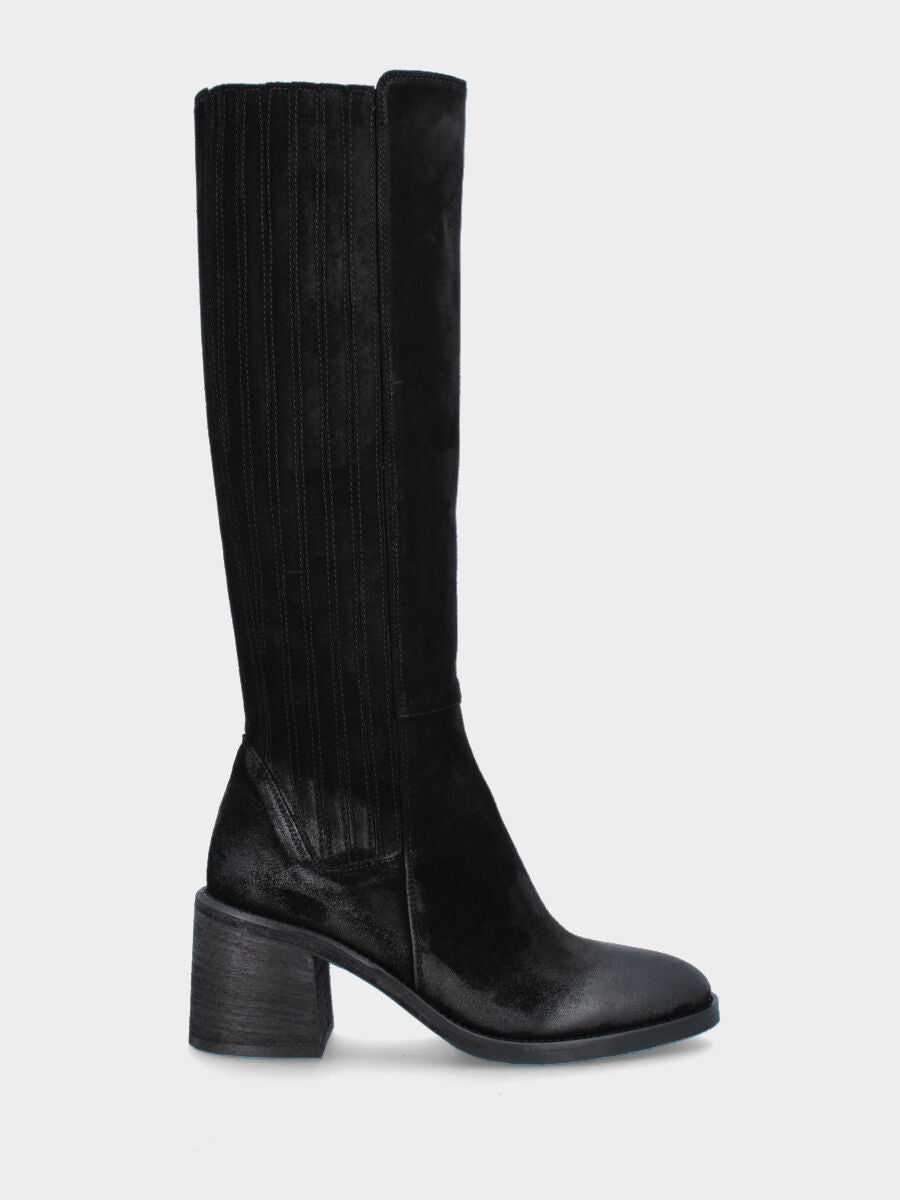 Black leather boot with covered elasticated bands