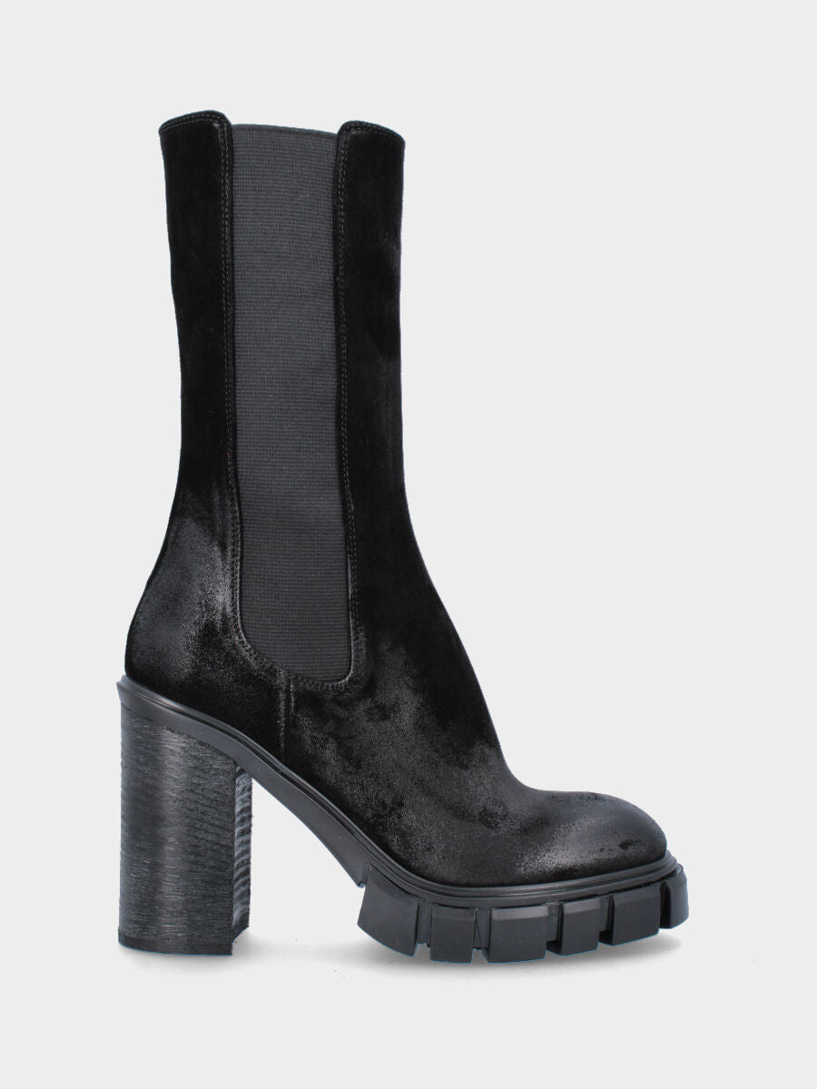 Black leather ankle boot with track sole and block heel
