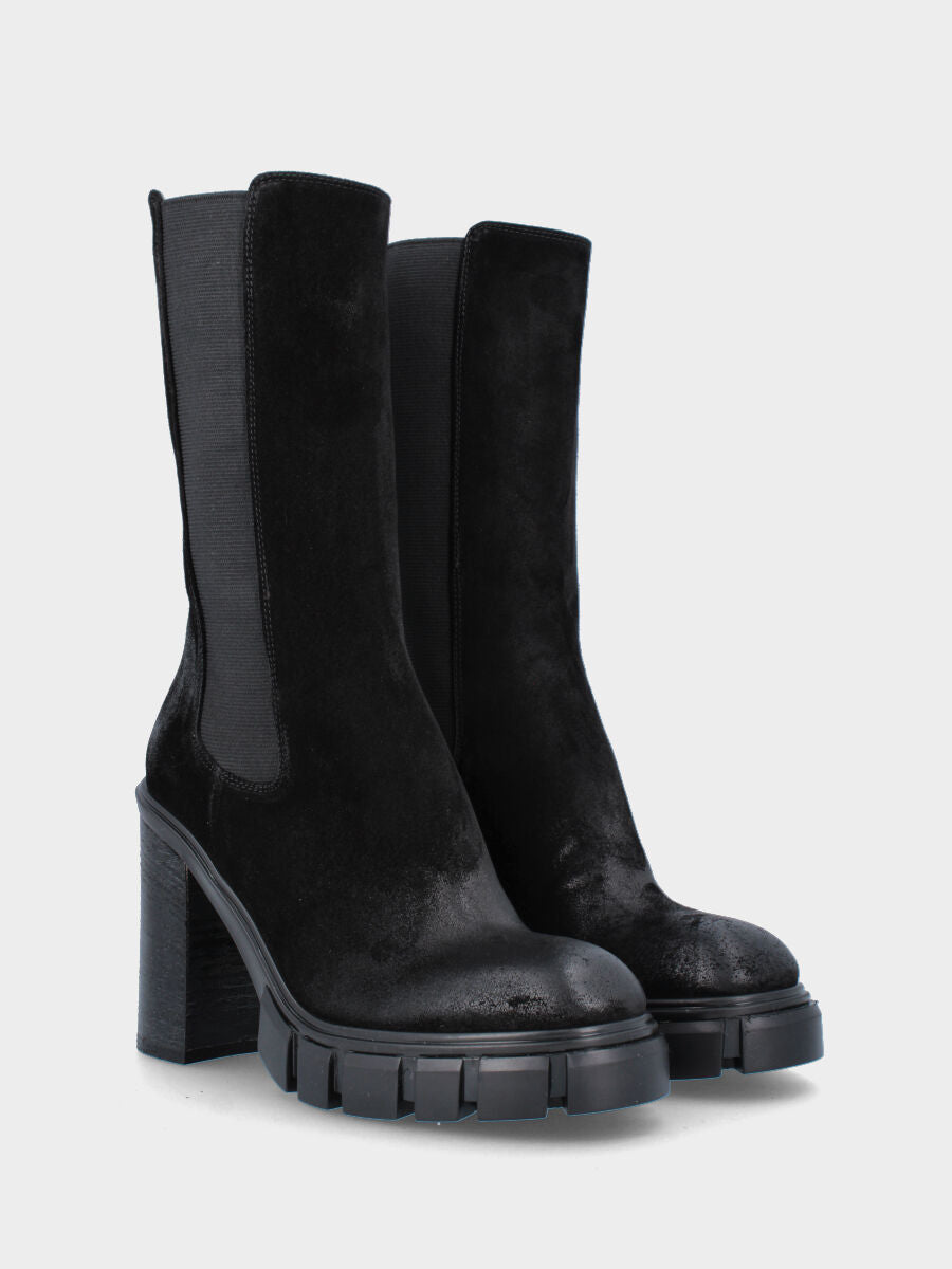 Black leather ankle boot with track sole and block heel