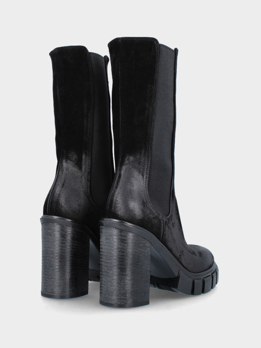 Black leather ankle boot with track sole and block heel