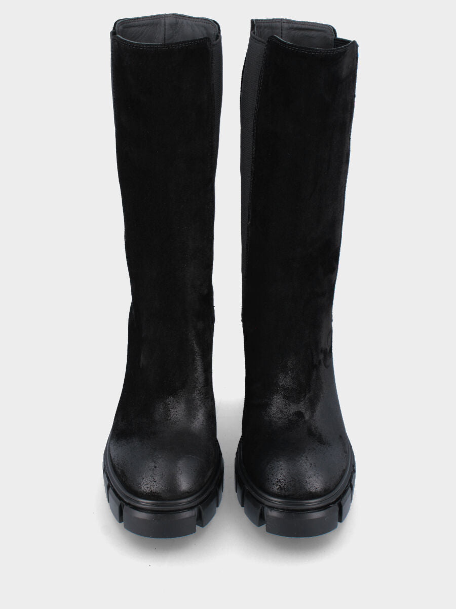 Black leather ankle boot with track sole and block heel