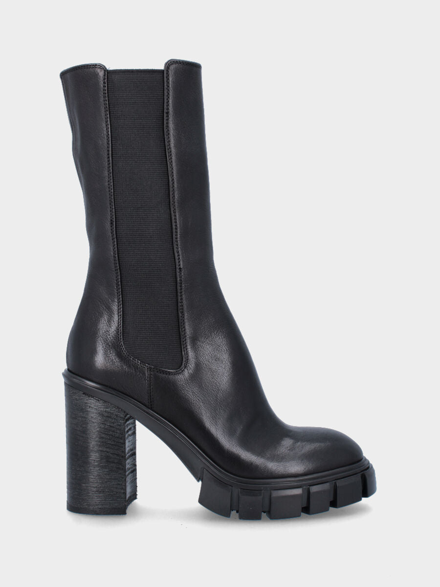 Black leather ankle boot with block heel and track sole