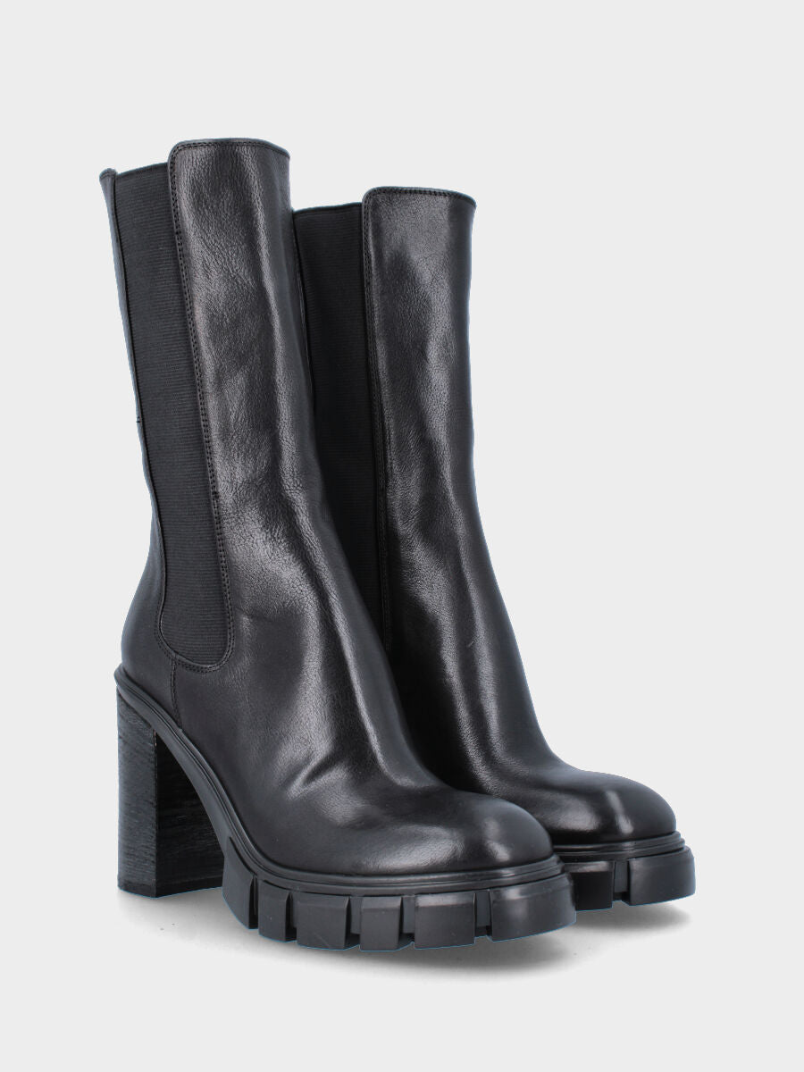 Black leather ankle boot with block heel and track sole