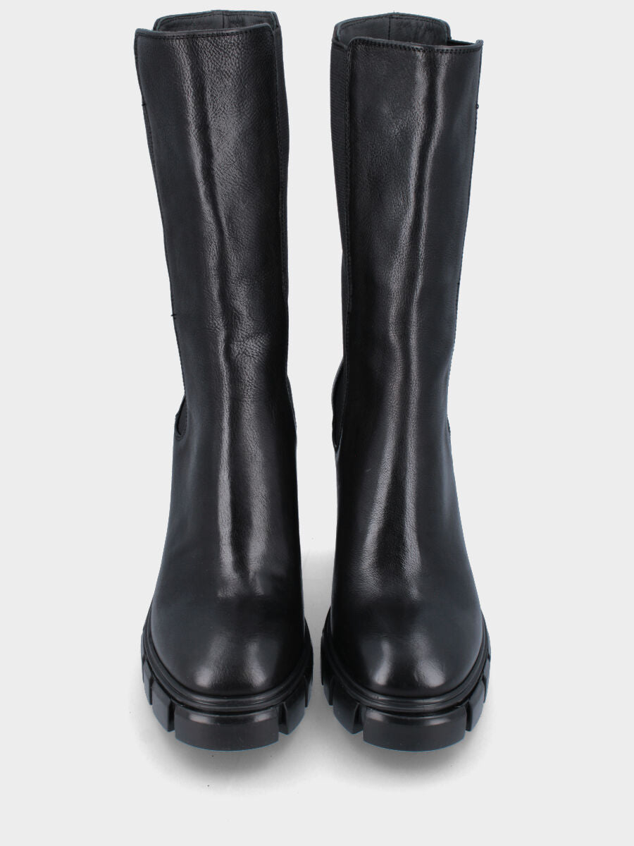 Black leather ankle boot with block heel and track sole