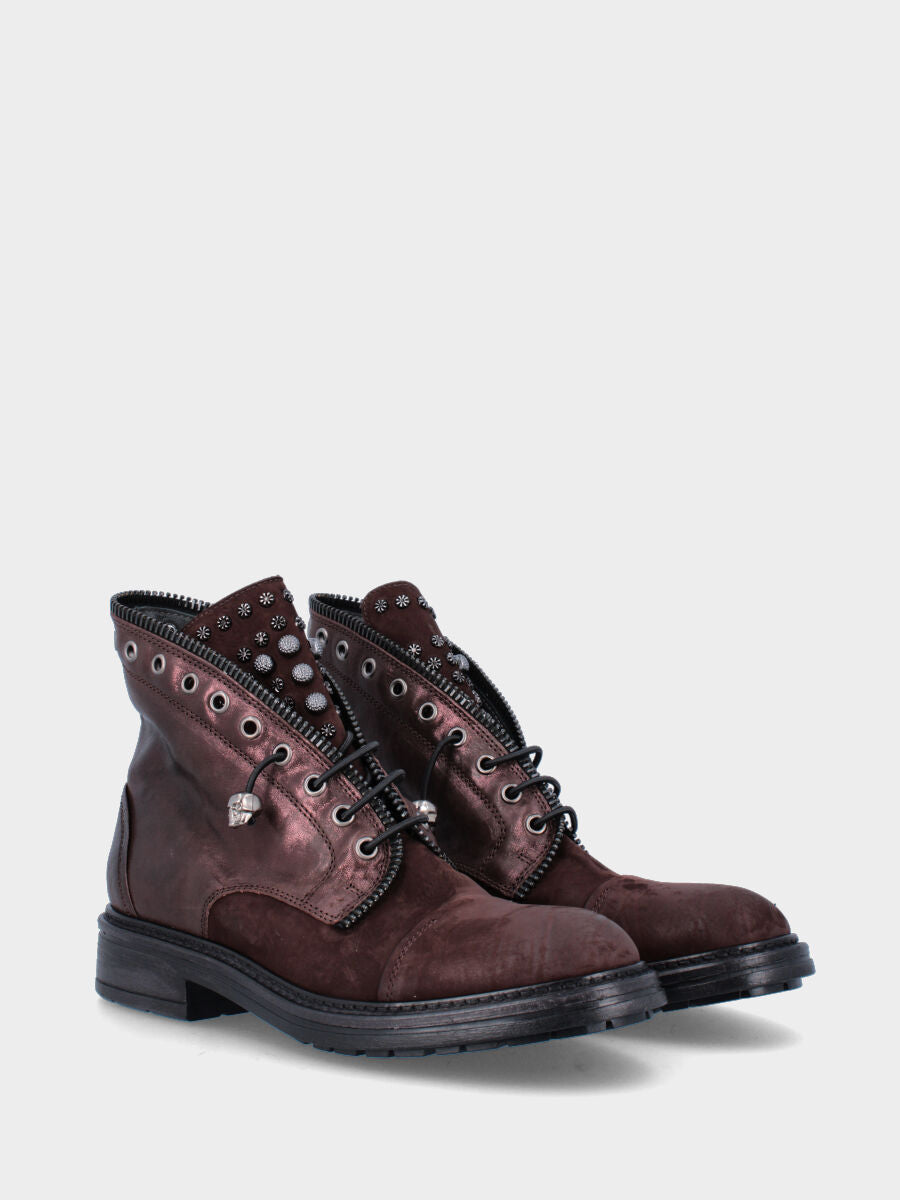 Brown leather ankle boot with gaiter and studs