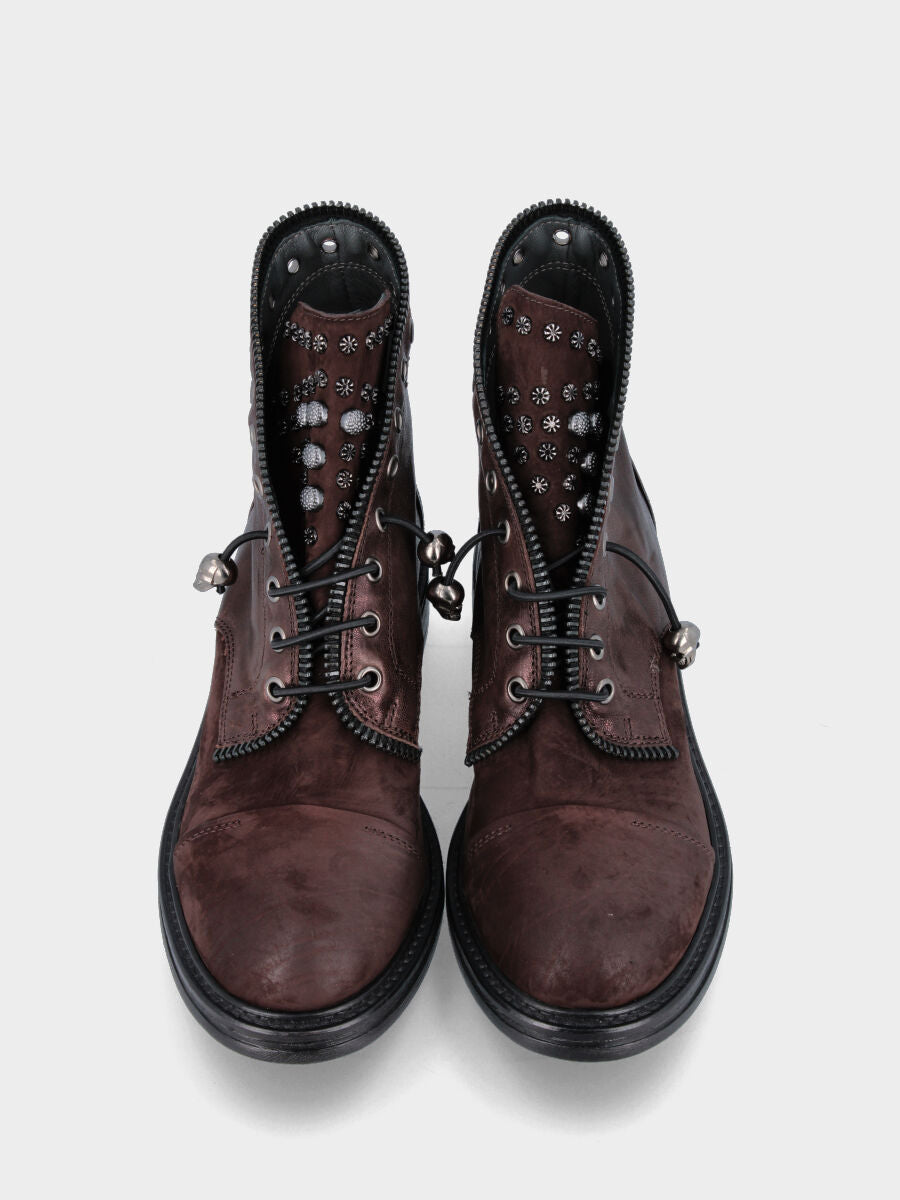 Brown leather ankle boot with gaiter and studs