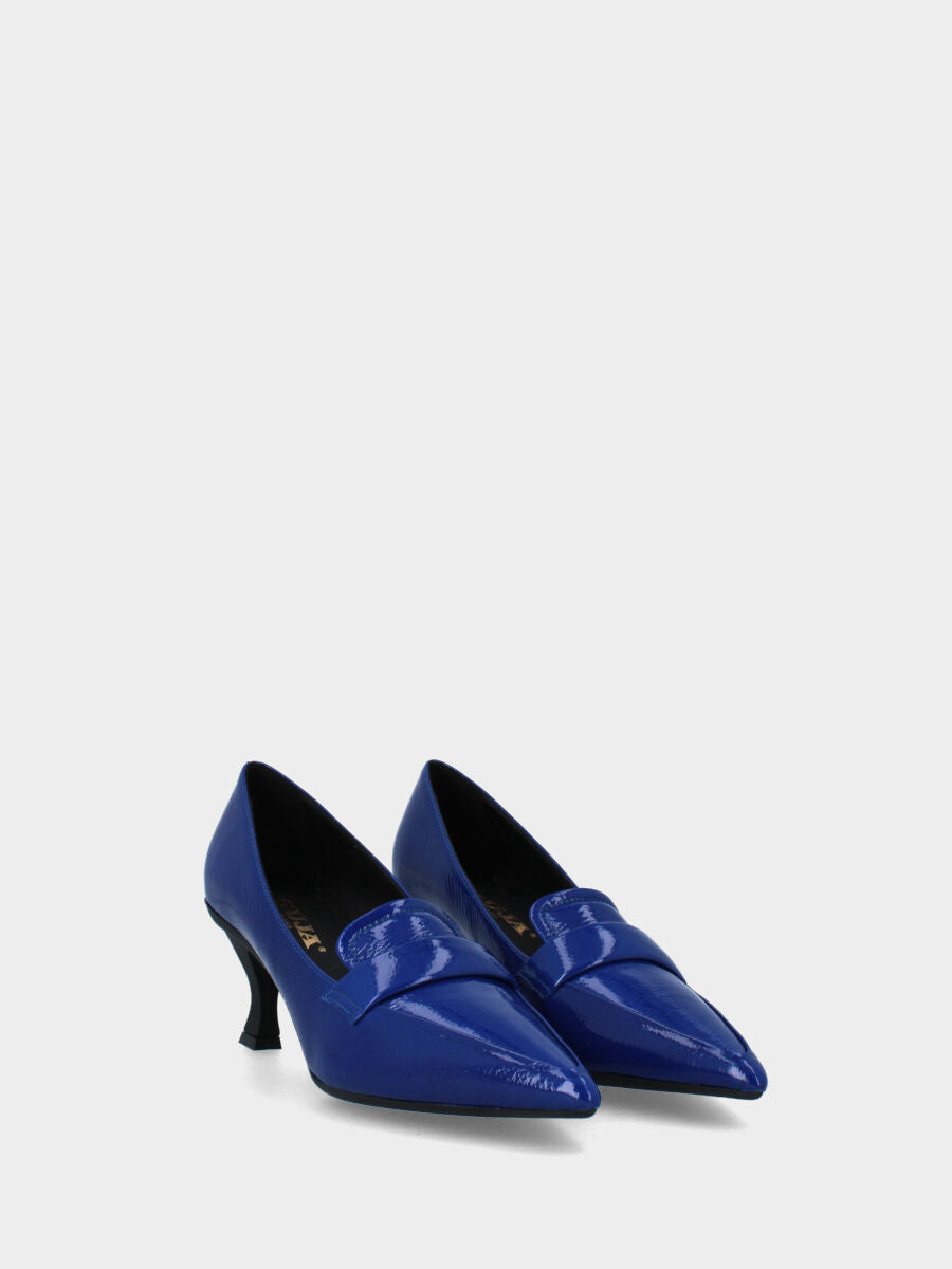 Mocassino blu in pelle con tacco a rocchetto