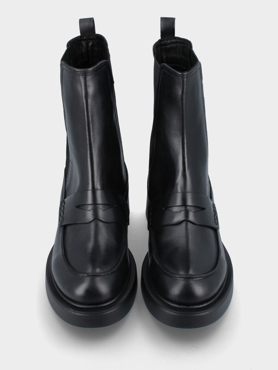 Black leather ankle boot with loafer-style loop