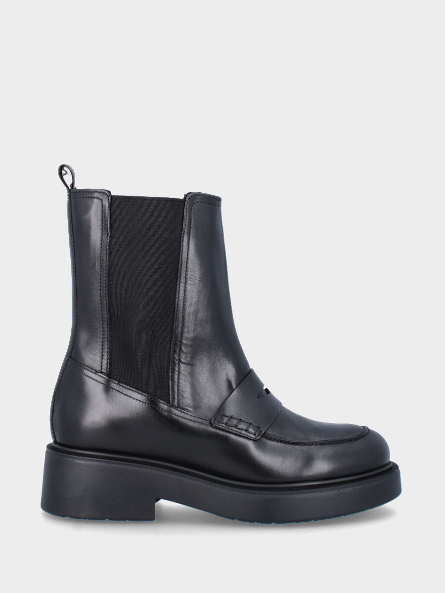 Black leather ankle boot with loafer-style loop