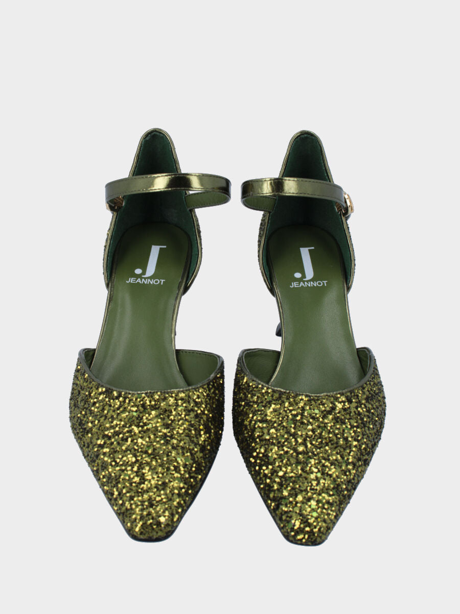 Décolleté verde in pelle con glitter