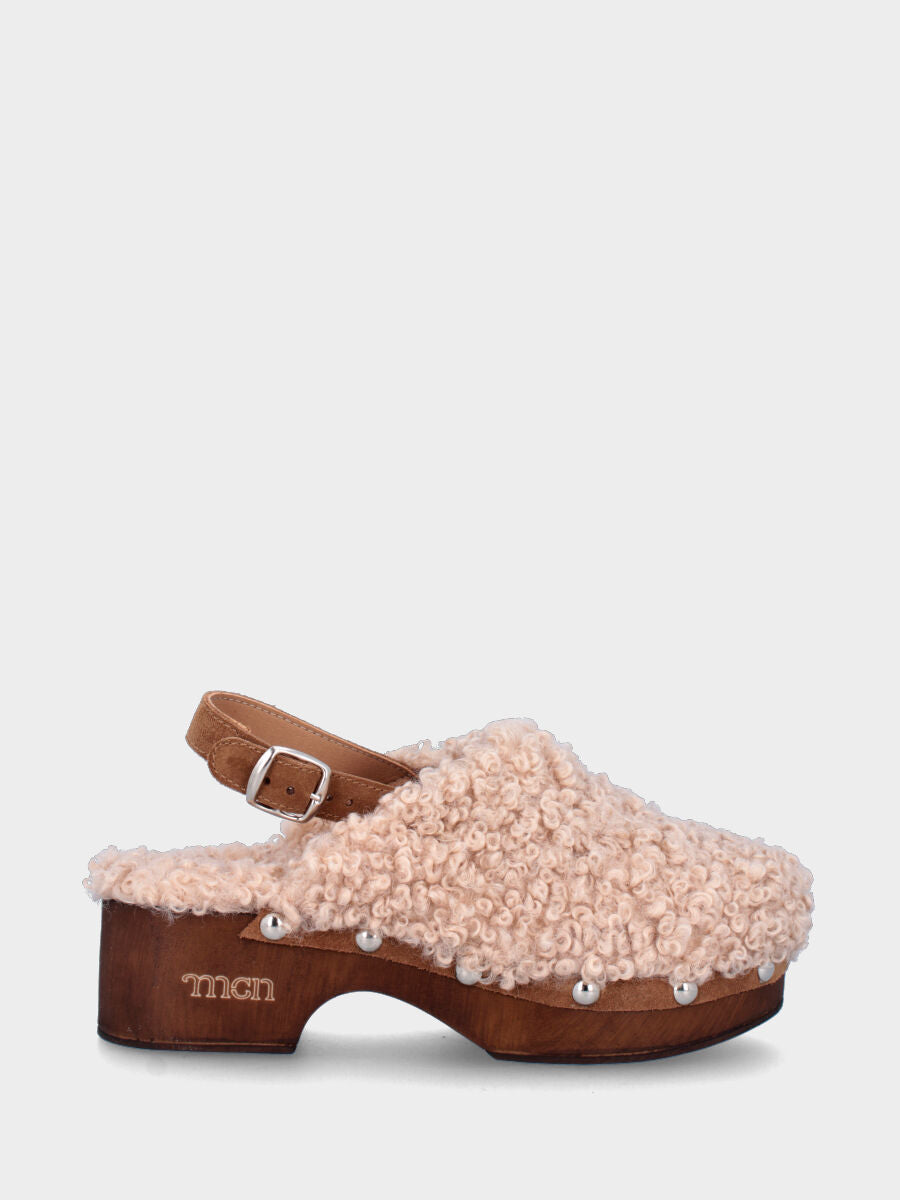 Zoccolo beige in tessuto con cinturino