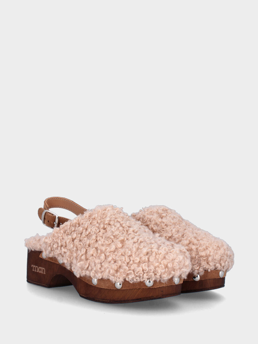 Zoccolo beige in tessuto con cinturino