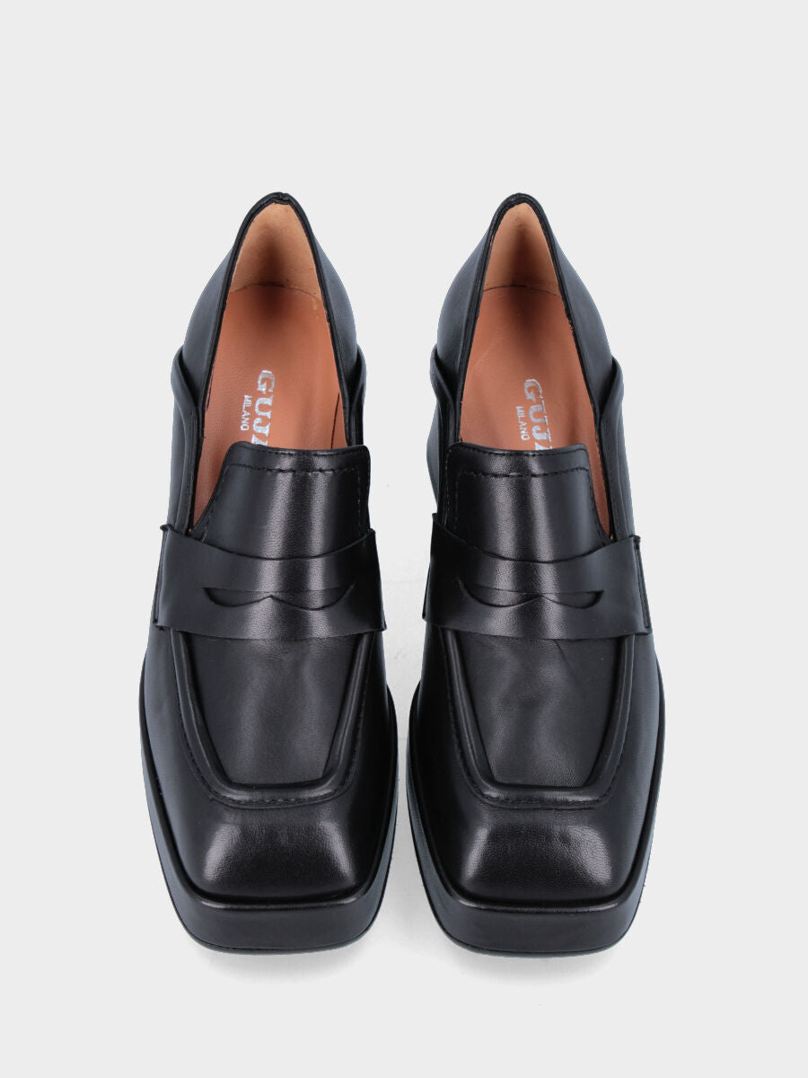 Mocassin noir en cuir avec plateforme et talon doublés