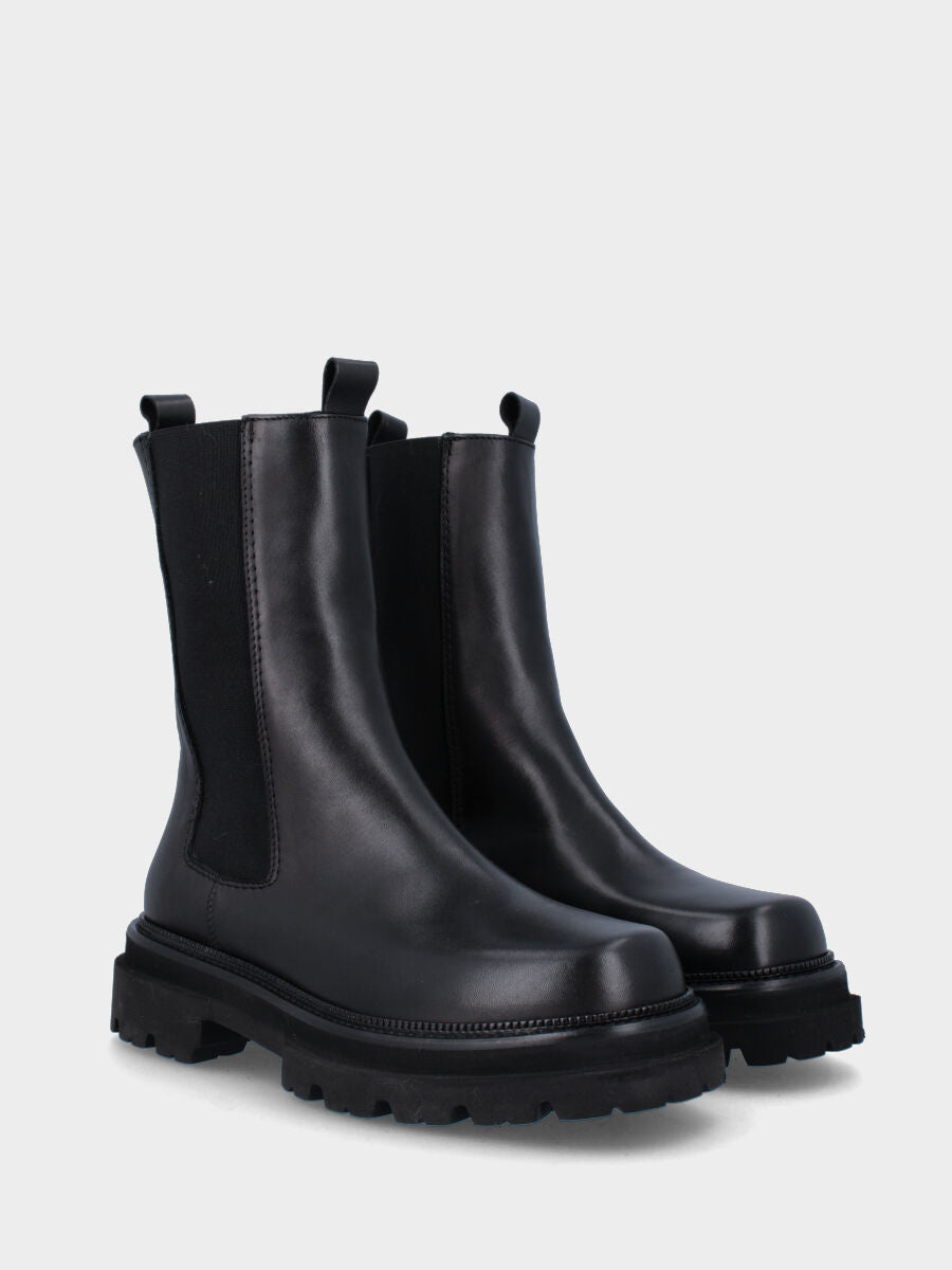 Schwarzer Leder-Stiefelette mit abgerundeter quadratischer Spitze