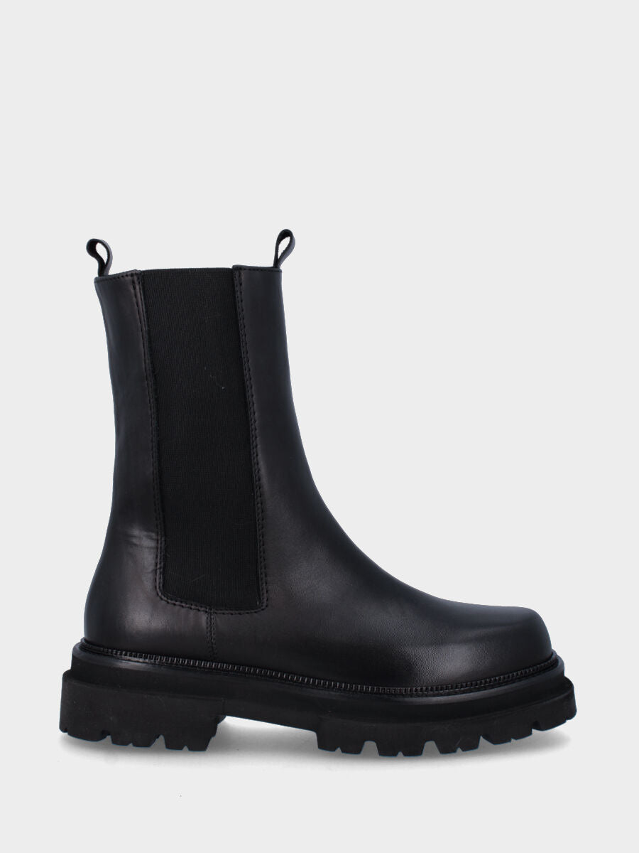 Schwarzer Leder-Stiefelette mit abgerundeter quadratischer Spitze