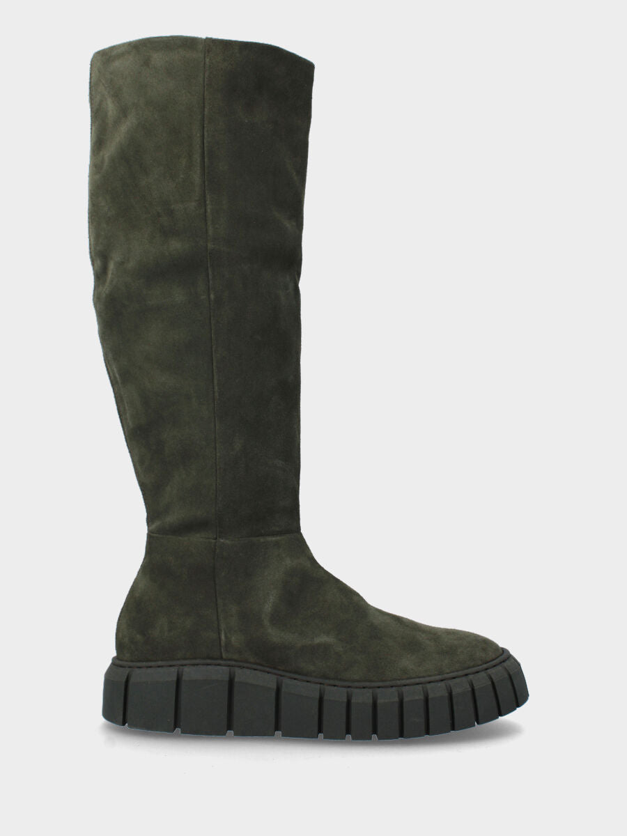 Stivale verde in pelle con platform dentellato