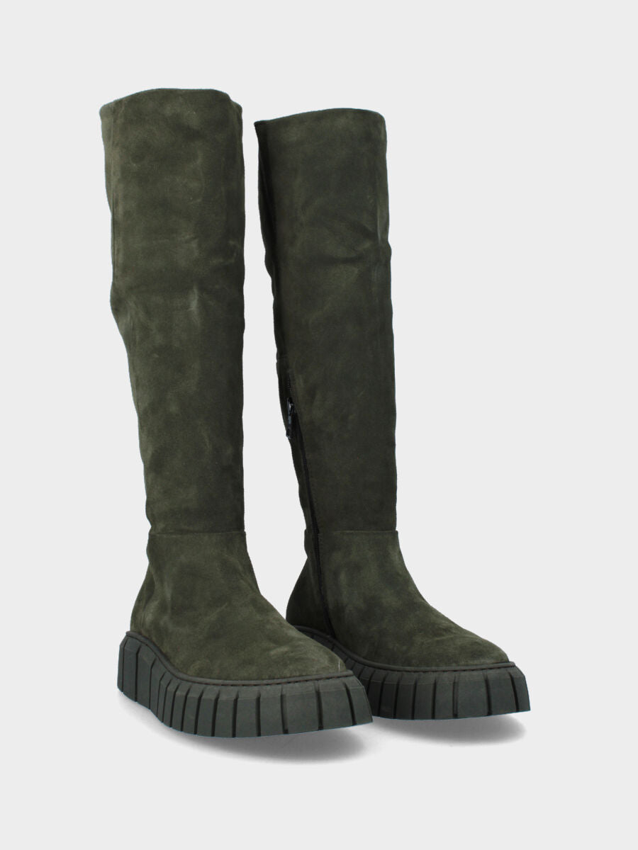 Stivale verde in pelle con platform dentellato