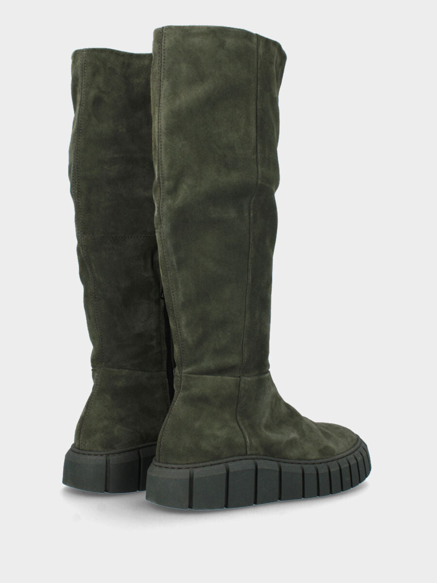 Stivale verde in pelle con platform dentellato