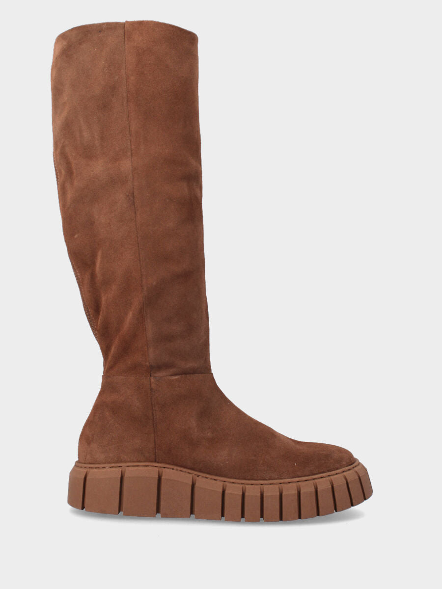 Stivale beige in pelle con platform dentellato