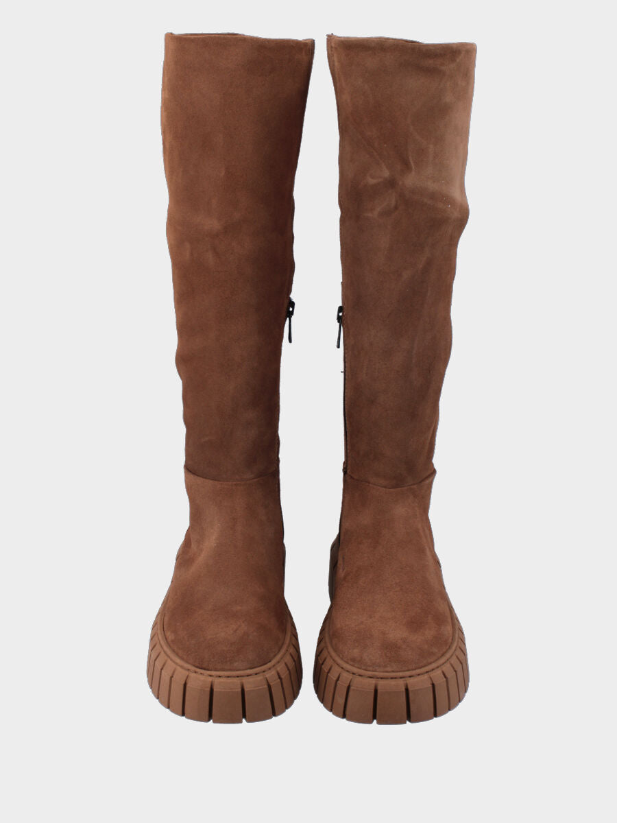 Stivale beige in pelle con platform dentellato