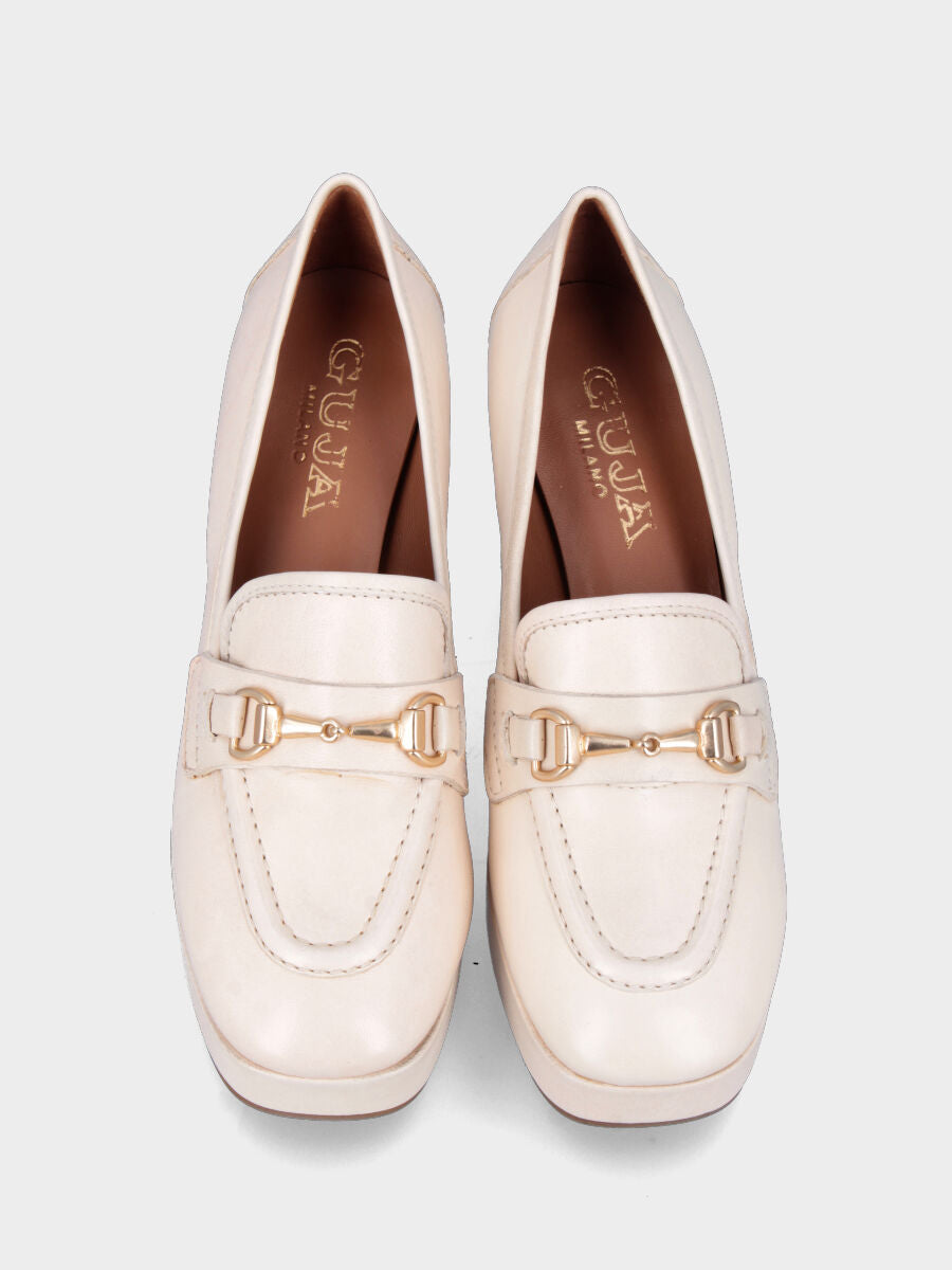 Mocassin blanc en cuir avec plateforme et talon large