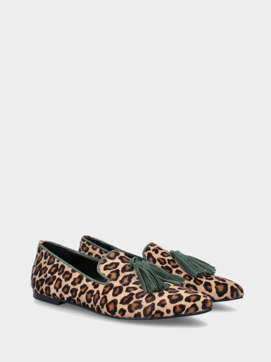 Pantofolina in pelle animalier con nappine verdi