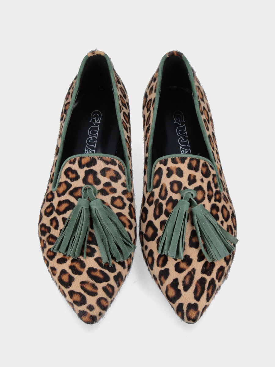 Pantofolina in pelle animalier con nappine verdi