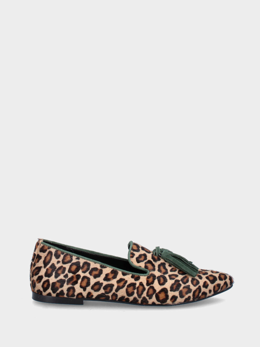 Pantofolina in pelle animalier con nappine verdi