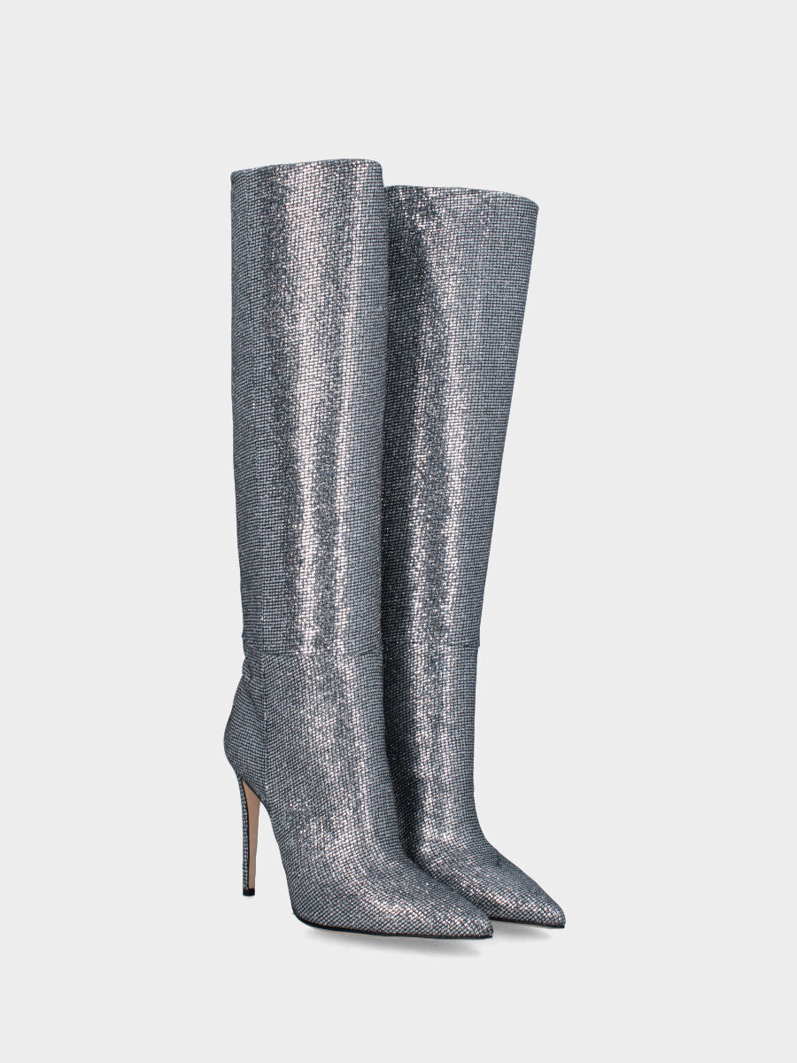 Stivale argento in pelle a tubo con strass