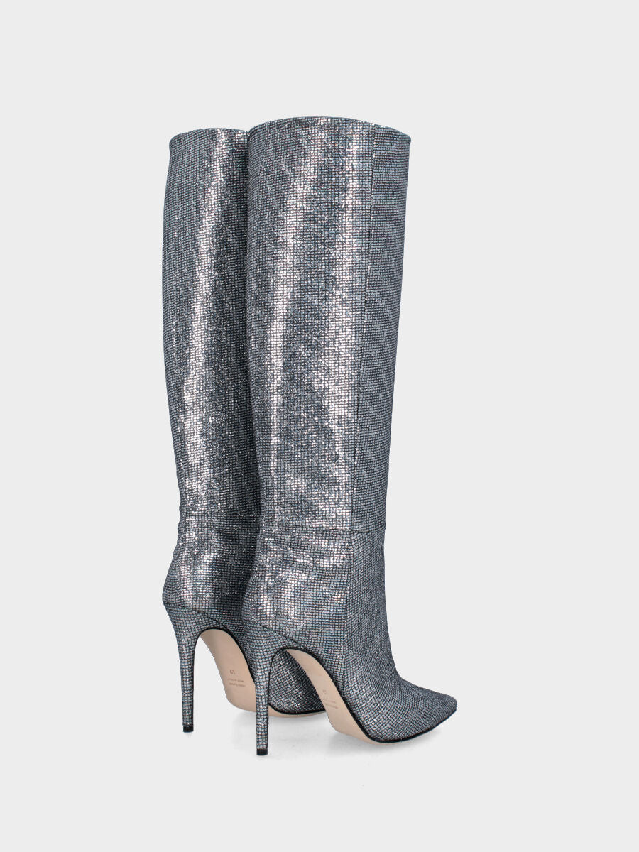 Stivale argento in pelle a tubo con strass